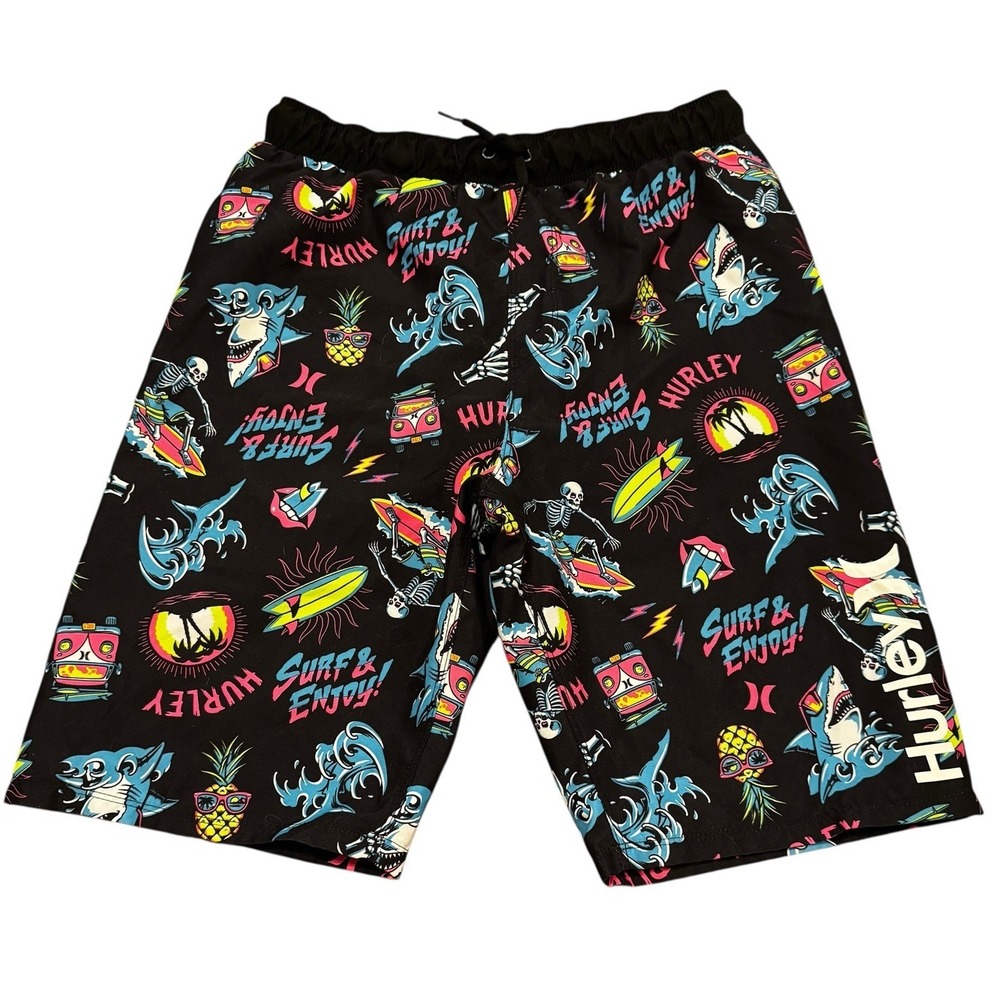 Hurley Surf Swim Shorts Youth XL Fits 30 Waist Black Graphic Elastic